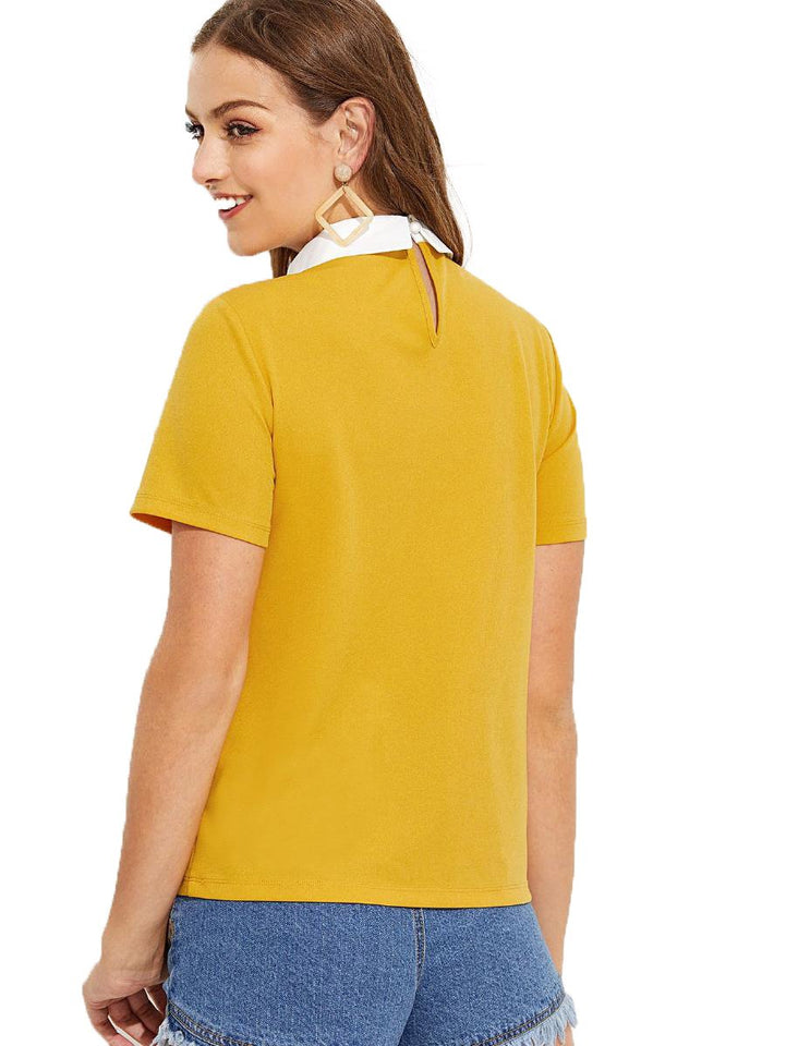 Romwe Mujeres Cute Contraste Cuello De Manga Corta Casual Trabajo Blusa Tops