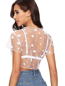 Floerns - Blusa de Malla para Mujer, diseño de Estrellas, con Cuello Redondo