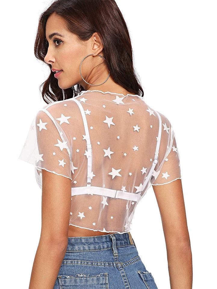 Floerns - Blusa de Malla para Mujer, diseño de Estrellas, con Cuello Redondo
