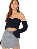 Floerns Blusa de Manga Larga con Hombros Descubiertos para Mujer, Negro (Black-1), L