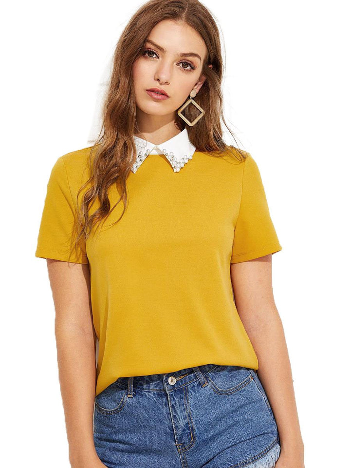Romwe Mujeres Cute Contraste Cuello De Manga Corta Casual Trabajo Blusa Tops