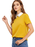 Romwe Mujeres Cute Contraste Cuello De Manga Corta Casual Trabajo Blusa Tops