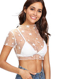 Floerns - Blusa de Malla para Mujer, diseño de Estrellas, con Cuello Redondo