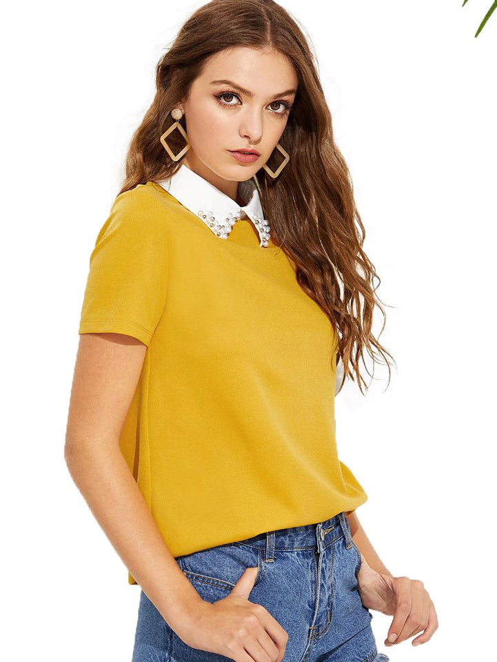 Romwe Mujeres Cute Contraste Cuello De Manga Corta Casual Trabajo Blusa Tops