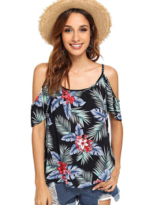 SHEIN Blusa con Cuello en V y Hombros Descubiertos, Manga Corta, con Tiras, para Mujer, Impreso Tropical, M
