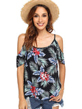 SHEIN Blusa con Cuello en V y Hombros Descubiertos, Manga Corta, con Tiras, para Mujer, Impreso Tropical, M