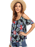 SHEIN Blusa con Cuello en V y Hombros Descubiertos, Manga Corta, con Tiras, para Mujer, Impreso Tropical, M