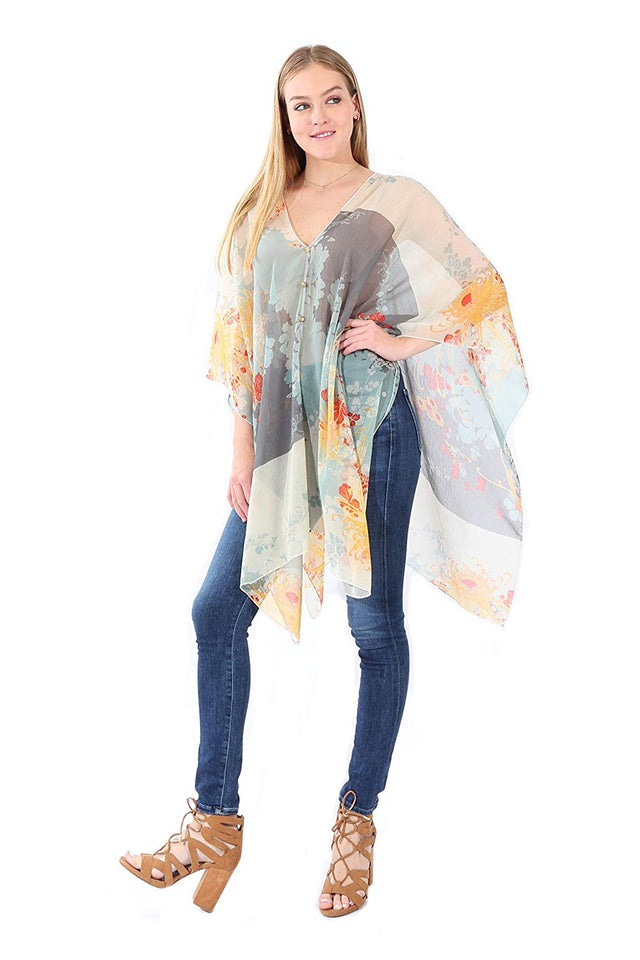 Village Venture Poncho Estampado de Tela Semi Translucida con Botones Unitalla-Mod 2780