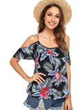 SHEIN Blusa con Cuello en V y Hombros Descubiertos, Manga Corta, con Tiras, para Mujer, Impreso Tropical, M
