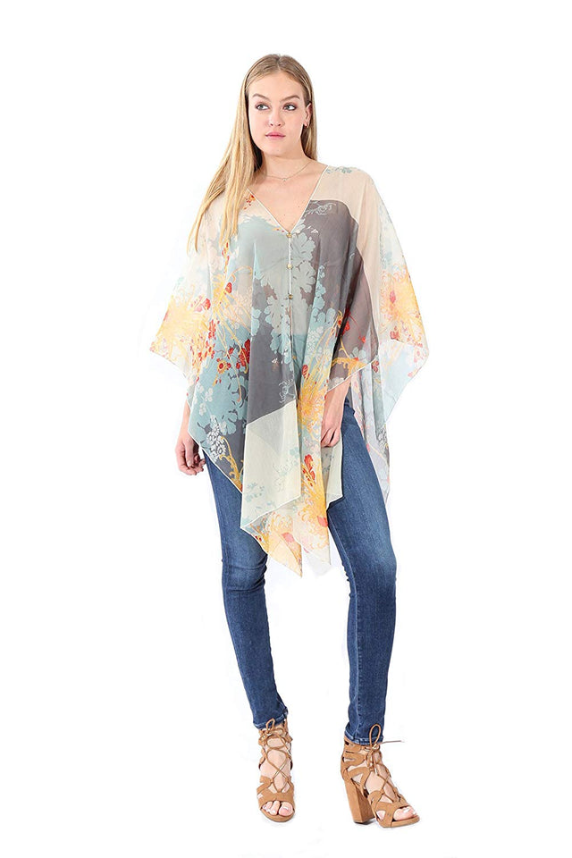 Village Venture Poncho Estampado de Tela Semi Translucida con Botones Unitalla-Mod 2780