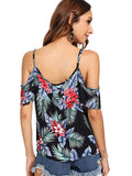 SHEIN Blusa con Cuello en V y Hombros Descubiertos, Manga Corta, con Tiras, para Mujer, Impreso Tropical, M